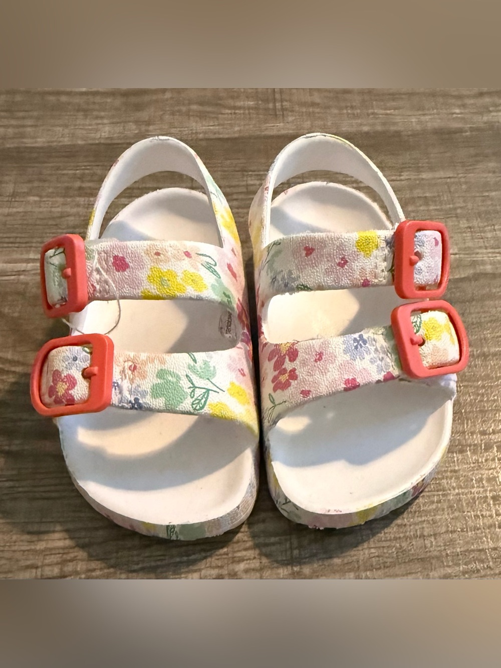 Kids Floral Double-Buckle Sandals in White with Coral Buckles